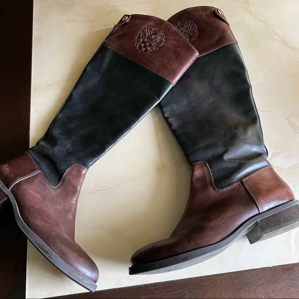 VINCE CAMUTO Brown Black Leather KARENA Zip Equestrian Tall Riding Boots Sz 8